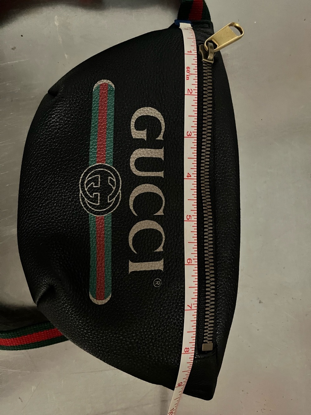 Gucci Black Leather Crossbody Belt Bag with Red & Green Stripe